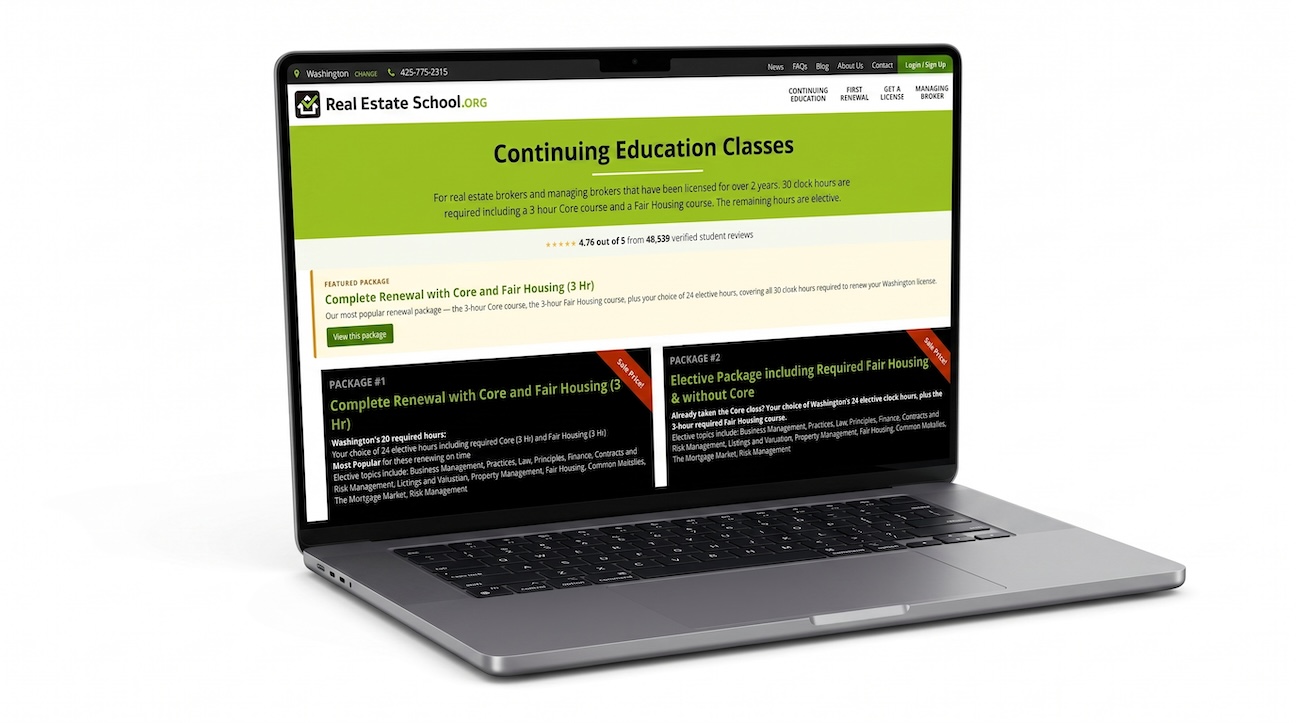 The Realestateschool.org course platform on a laptop — Washington continuing education classes